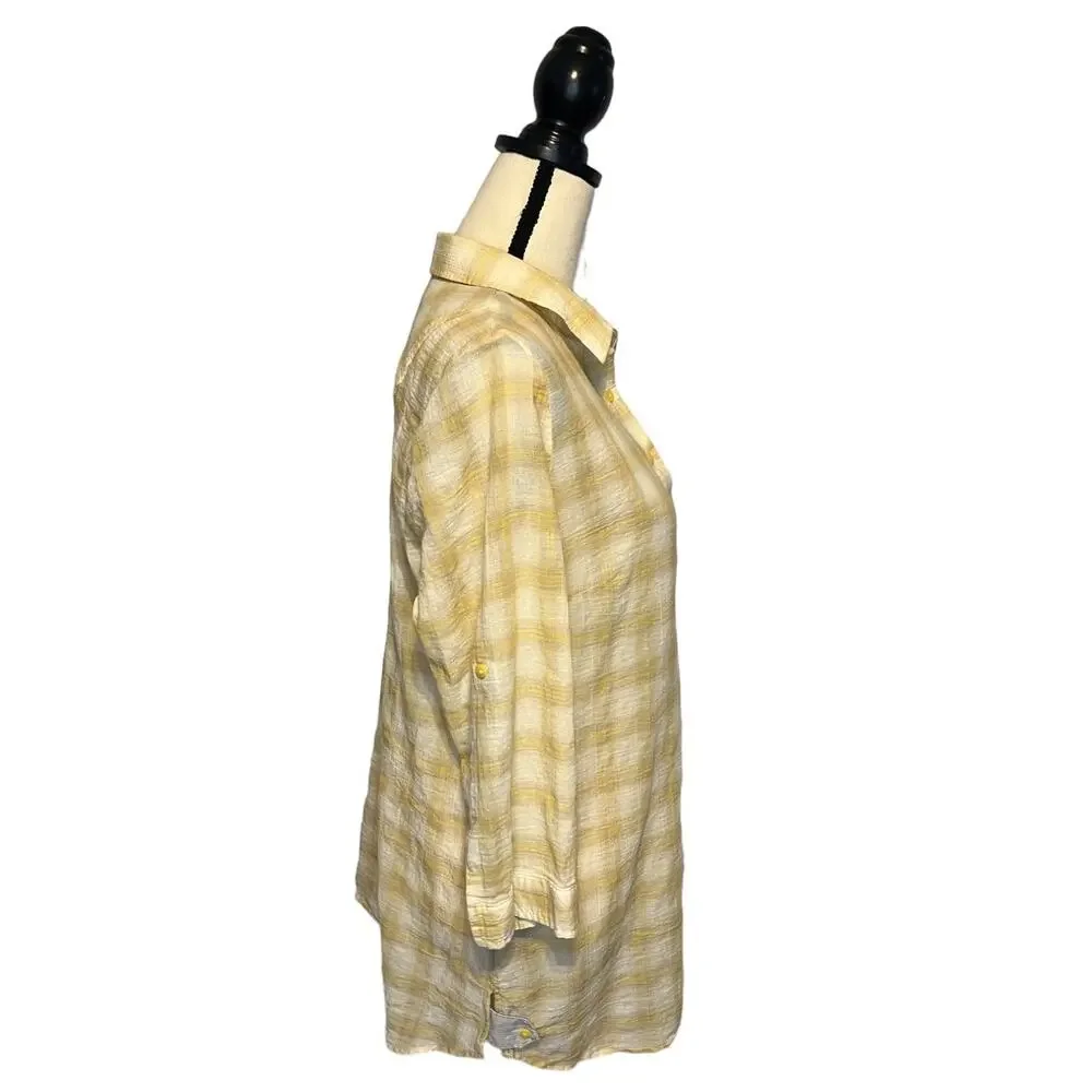 a.n.a A New Approach 1/2 Button Tunic Womens Size M Yellow Plaid w/ Patch Pocket - Picture 5 of 7